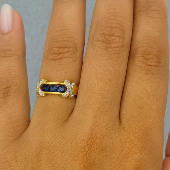 Camrose & Kross Jewelry - Silver 925 Stamped Ring Gold With Blue Faux Sapphires X Crystals Size 9.5